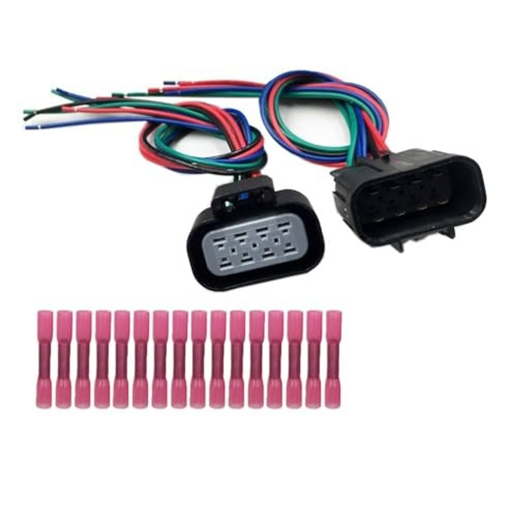 Pair of 8-pin wiring harness connectors with multicolor wires and pink terminal pins