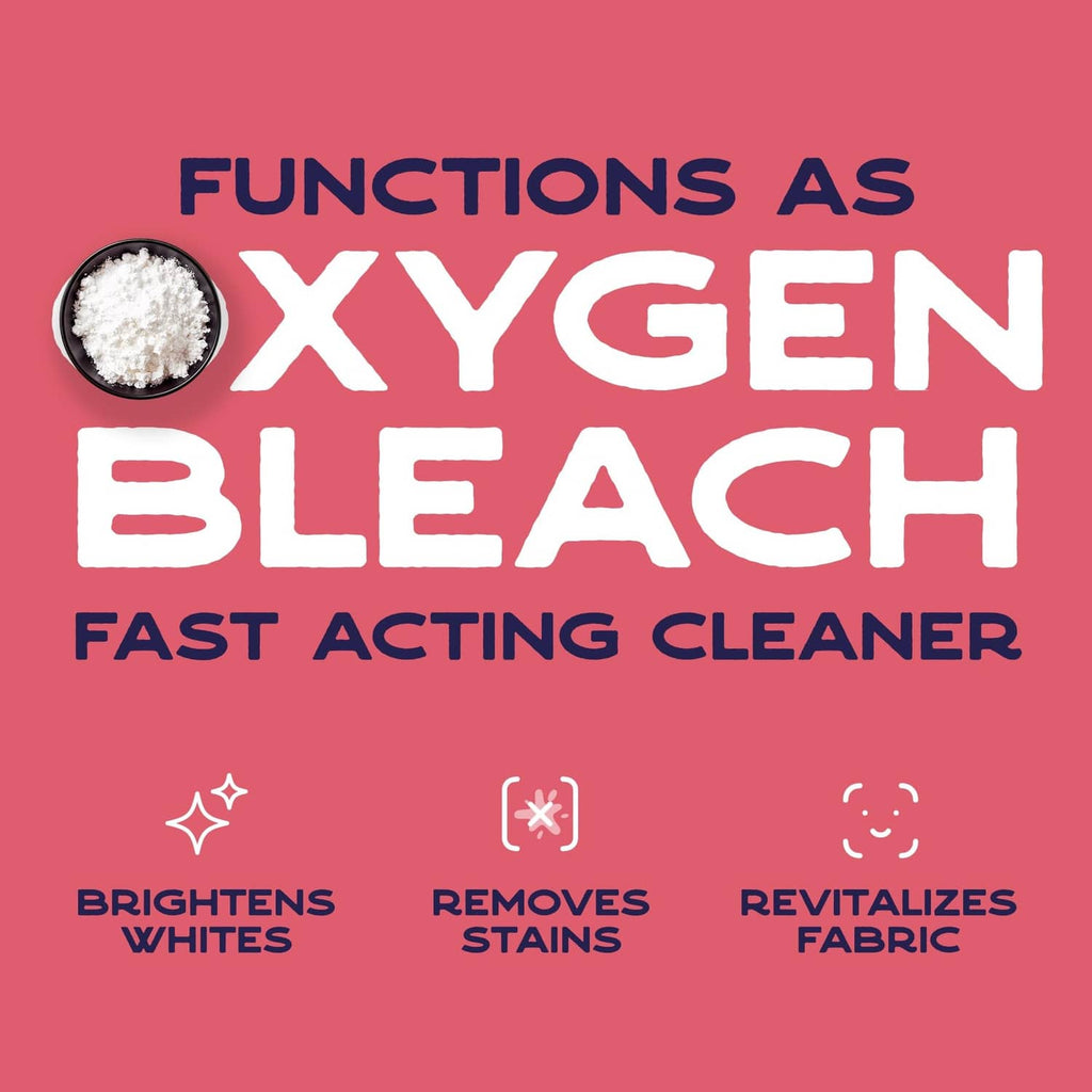 Oxygen bleach powder functions graphic with brightens, removes stains, and revitalizes icons