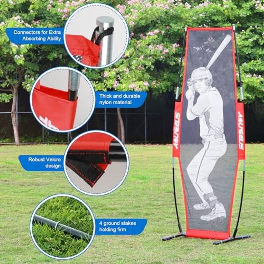 Red pitching target net with batter silhouette, reinforced edges and ground stakes