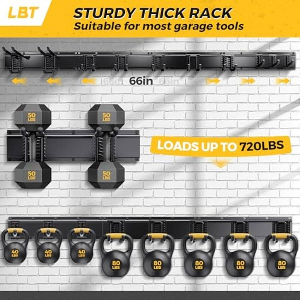 Black wall-mount tool organizer rack with hanging hooks and kettlebell-style weights