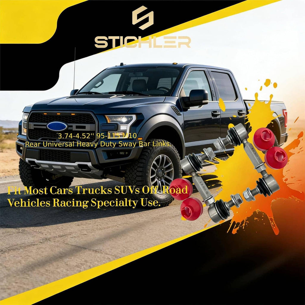 Sway bar end link set with red bushings displayed over a vehicle graphic