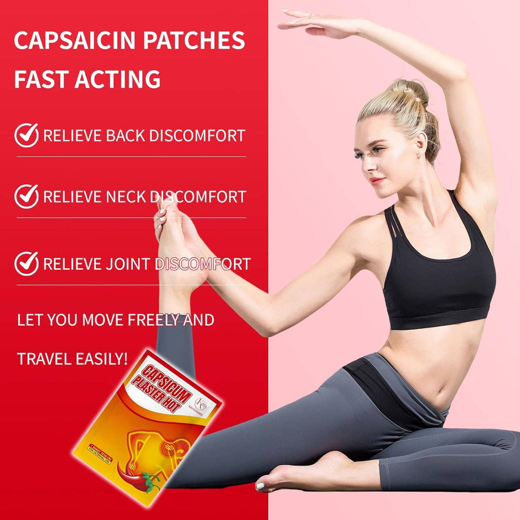Capsicum hot patch box held near seated woman in sportswear; small beige patch shown