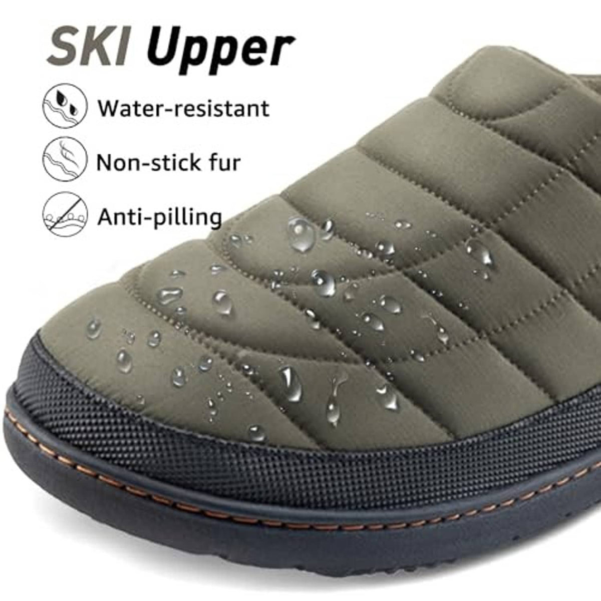 Men's olive green slip-on slippers with water droplets on quilted upper