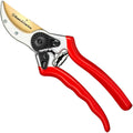 Red and silver hand pruner with gold blade, black gear lock, and ergonomic handles