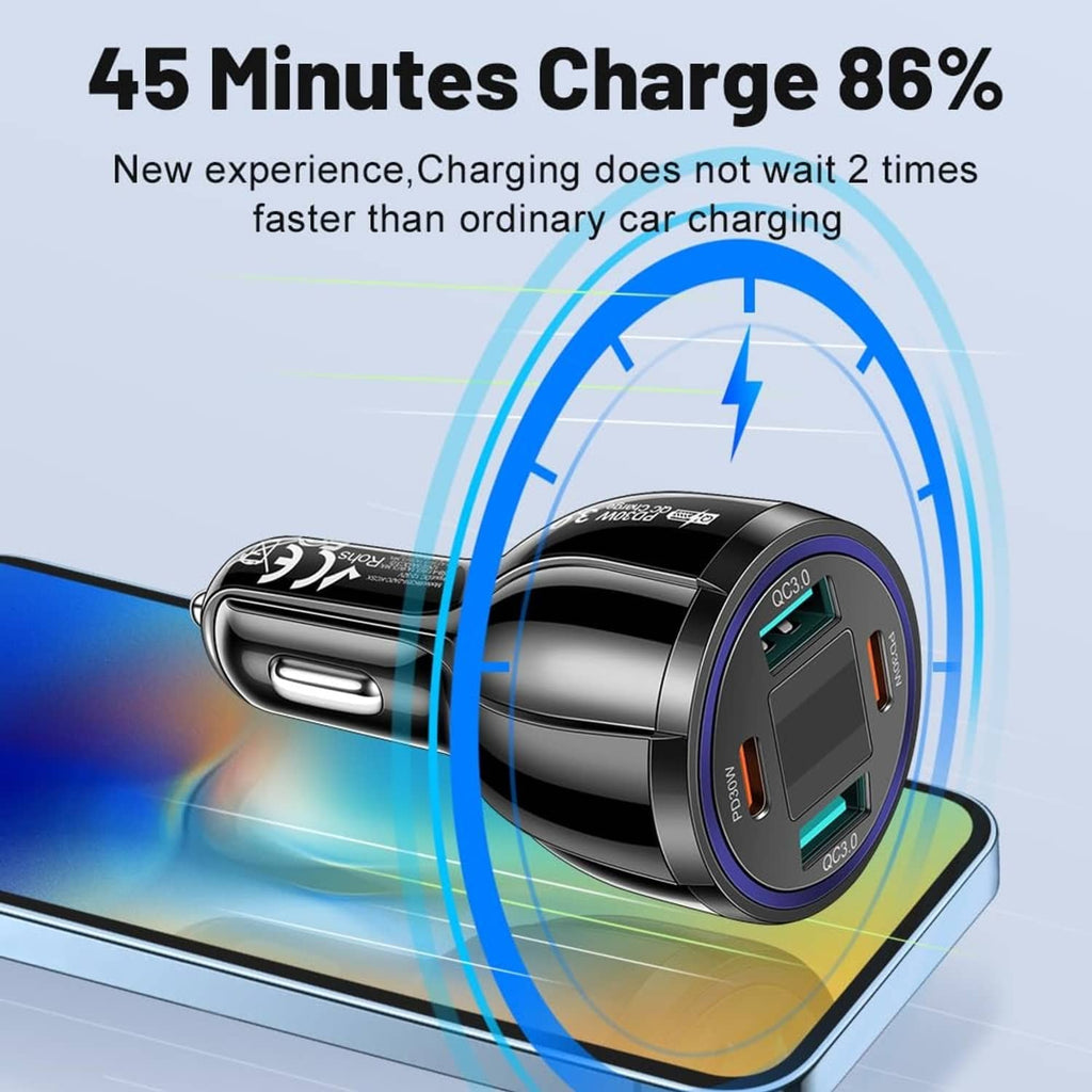 Black car phone charger adapter with voltmeter and side USB ports, blue LEDs