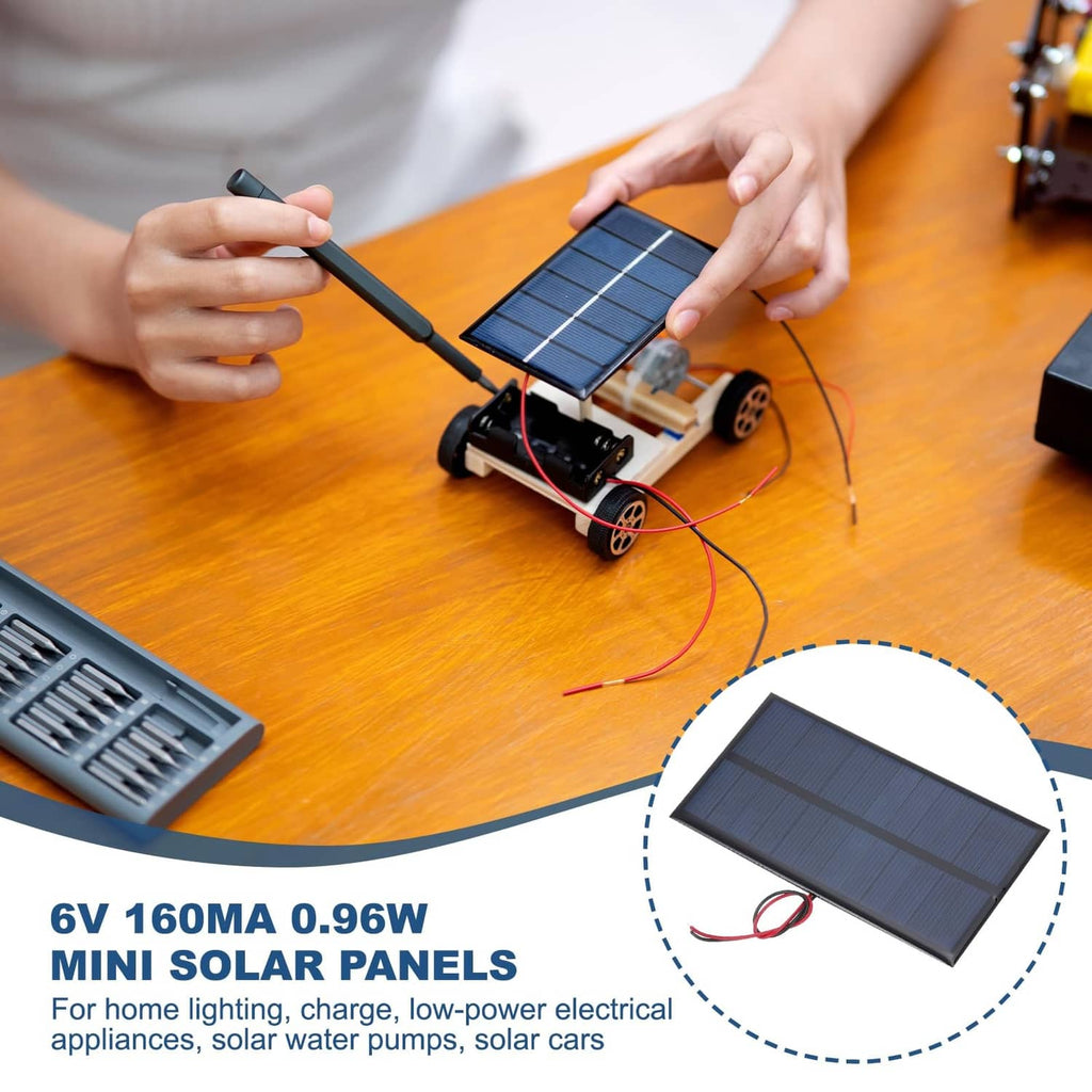 Mini solar panel on a small device, with red wire leads