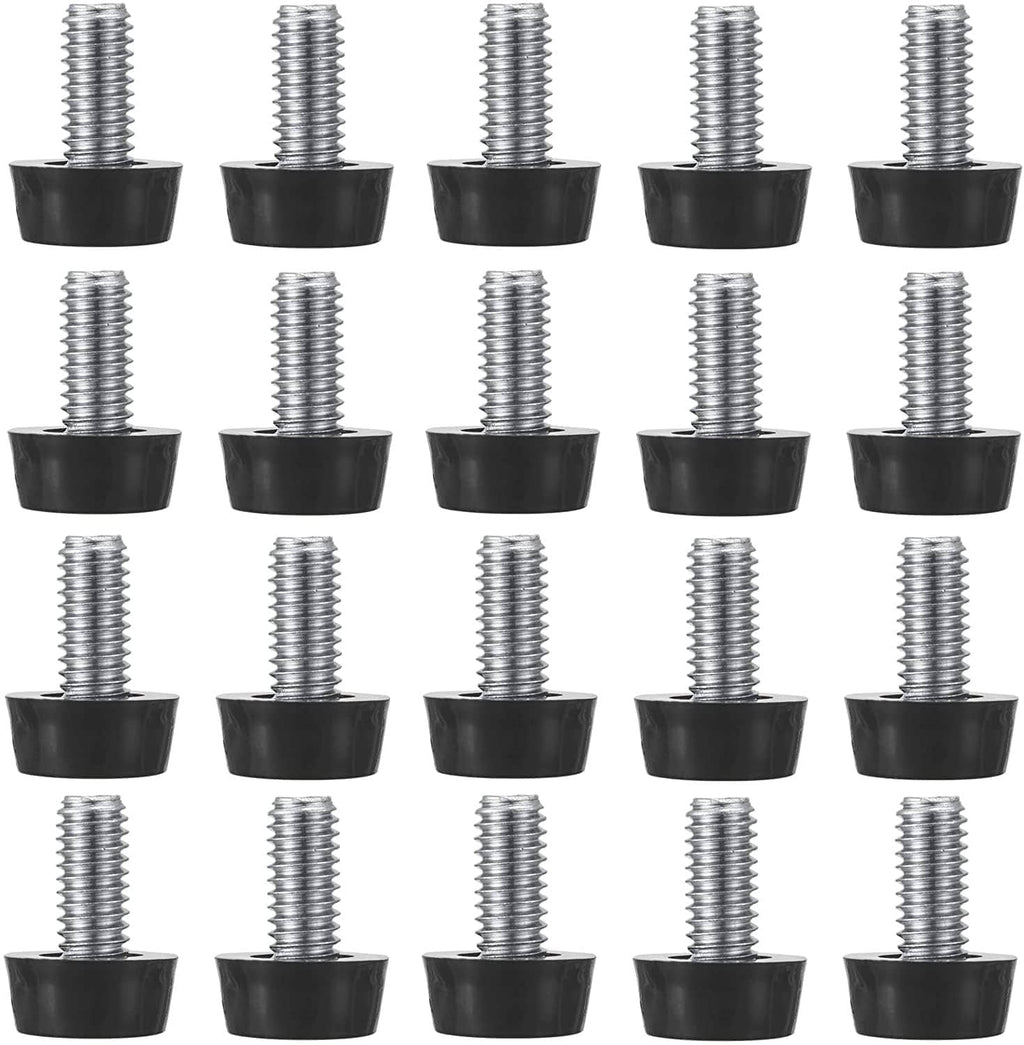 Black screw-in furniture leveler with silver threaded stem and flat base