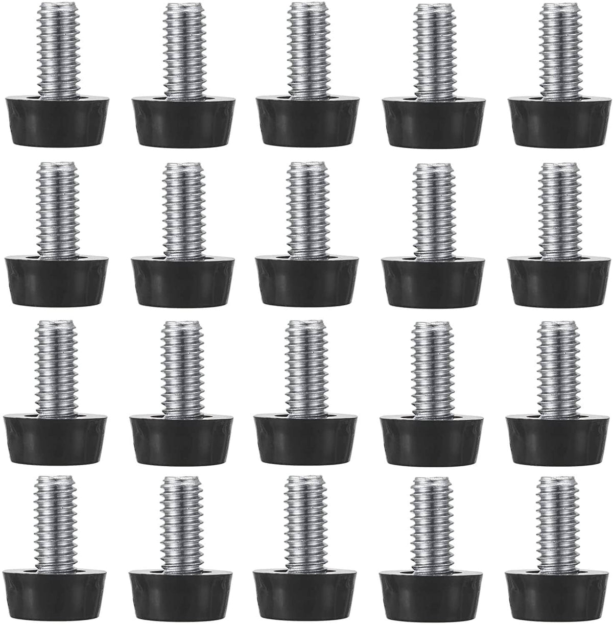 Black screw-in furniture leveler with silver threaded stem and flat base