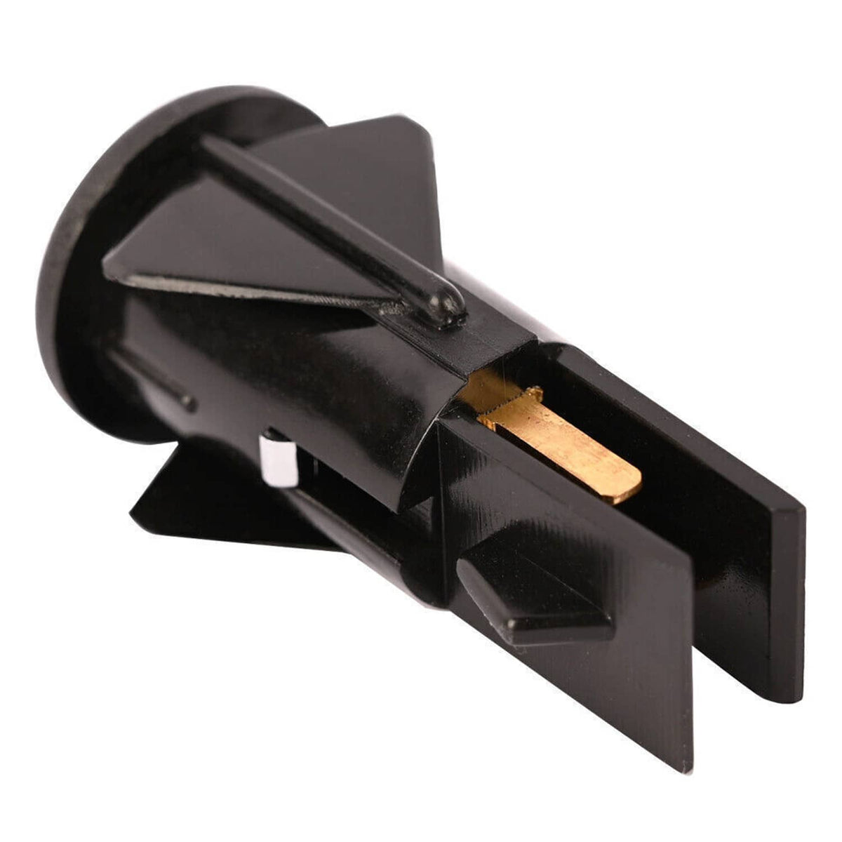 Fuel door release switch with black housing and visible copper contact bar, angled view