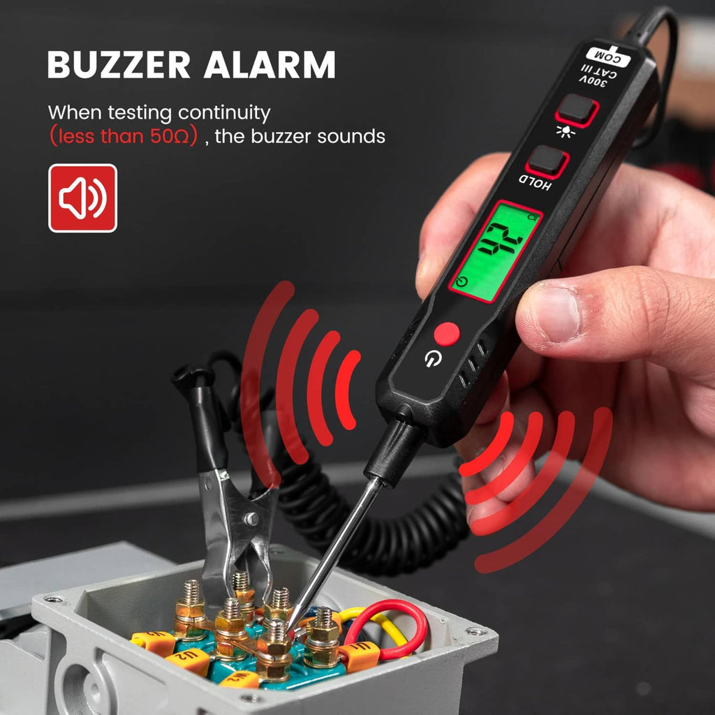 Automotive test light with green LCD and continuity buzzer indicator, hand holding