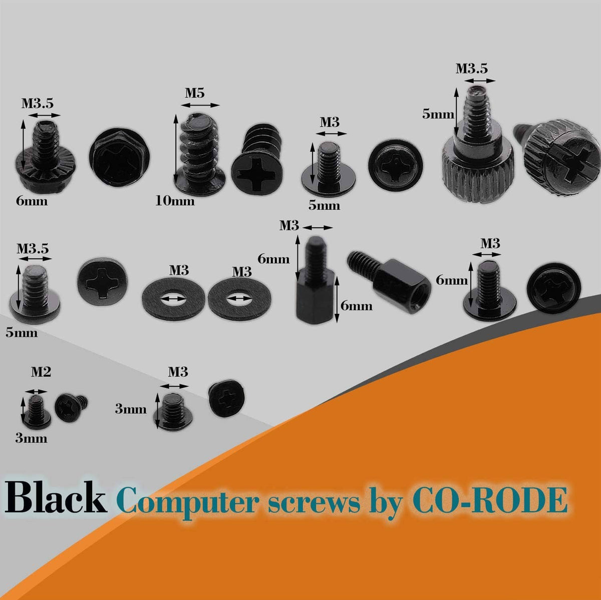 Set of black PC screws with size labels, M2 M3 M3.5 M5 and standoffs diagram
