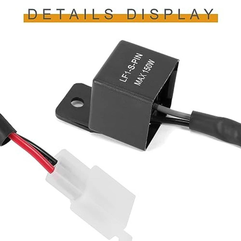 Black LED flasher relay with mounting tab, white plug, and red/black wires