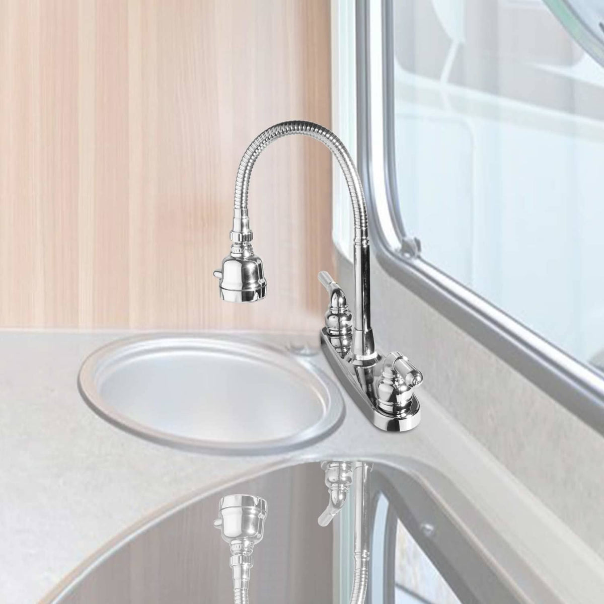 Chrome RV kitchen sink faucet with tall arched gooseneck and two cross handles