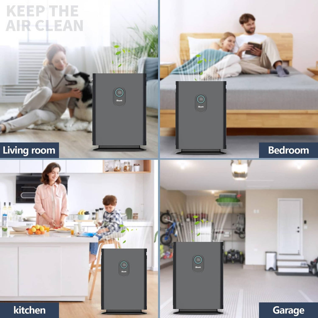 Compact air purifier unit with filter icon, shown for living room, bedroom, kitchen, garage