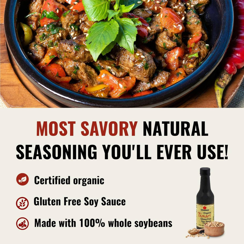 Tamari soy sauce bottle with gluten-free label and soybeans
