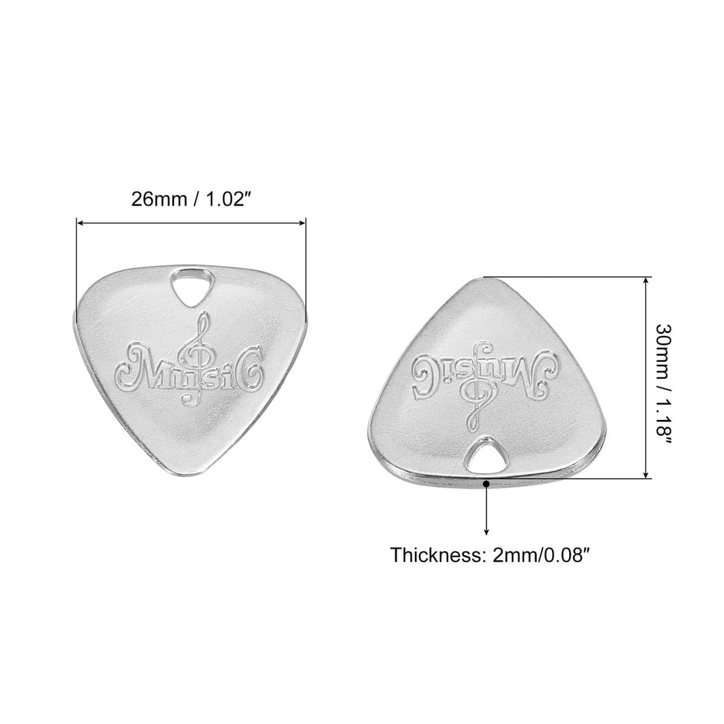 Triangular metal guitar pick set in silver tone, 2mm thickness with center hole