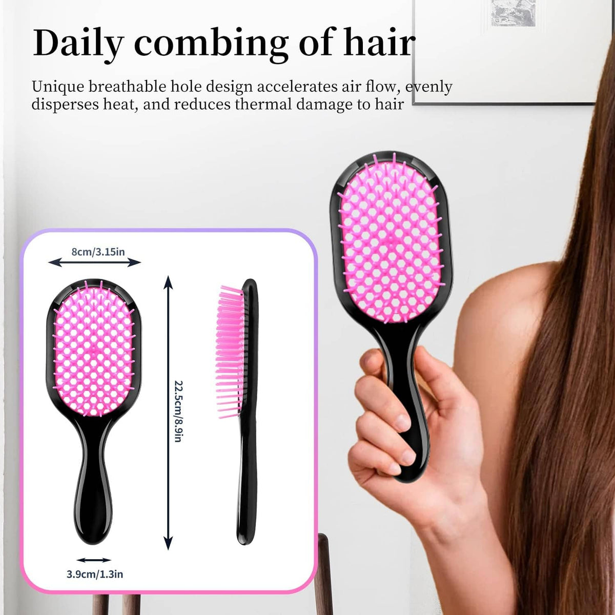 Pink vented detangling hair brush with black handle, oval vented bristle pad