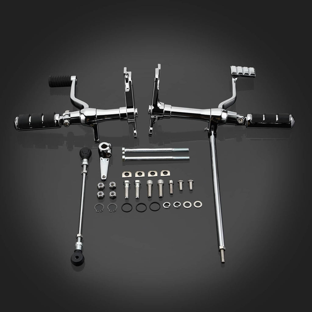 Chrome forward control pegs and levers linkage kit with black rubber grips and hardware