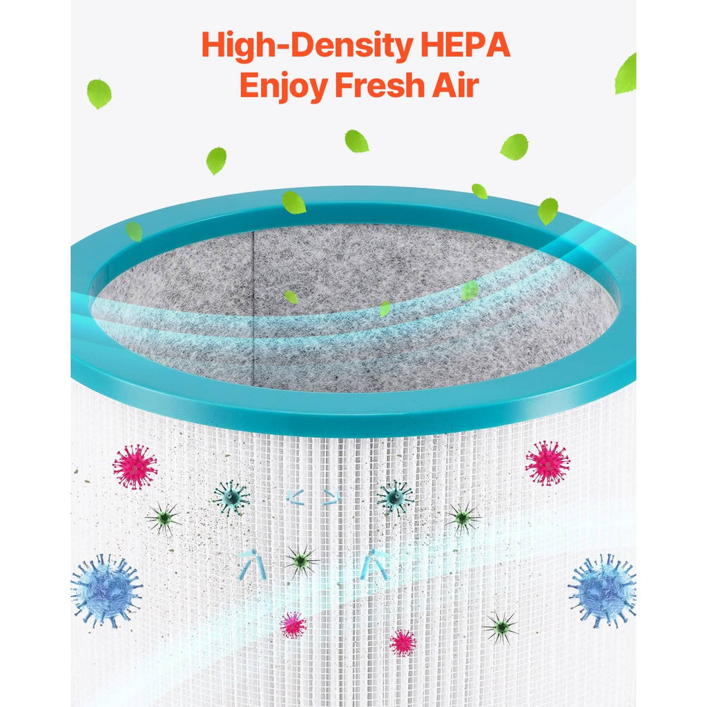 HEPA filter cartridge inside a blue-ring bladeless tower fan housing