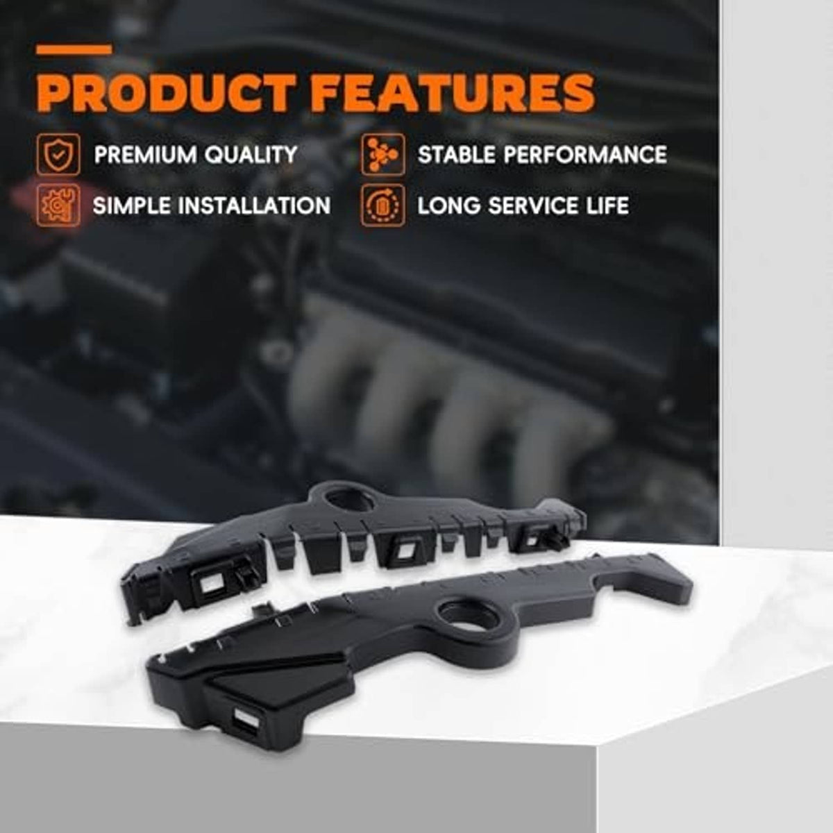 Black front bumper cover guide brackets with raised clip teeth and mounting hole