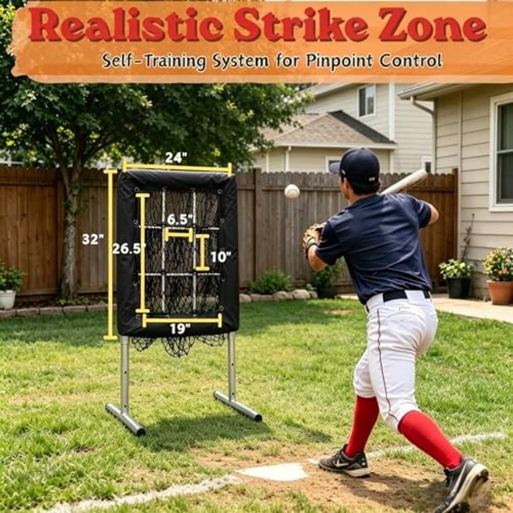 Portable black strike zone pitching net on metal tripod training stand
