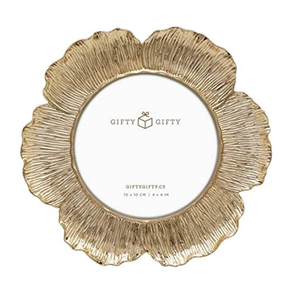 Gold circular floral photo frame for 4x4 in photo, white center mat.