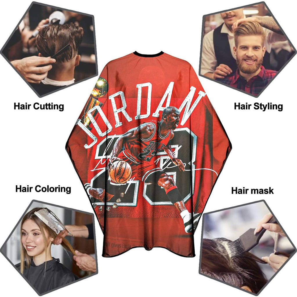Red barber cape with large sports graphic, shown for hair cutting and styling
