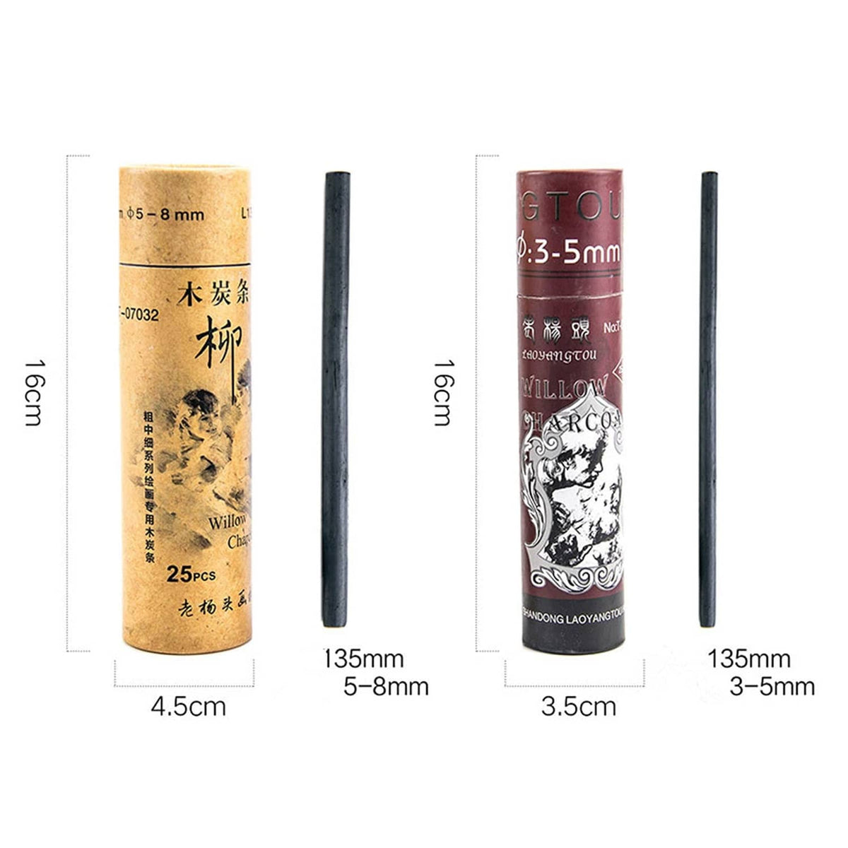 Charcoal stick tubes with size measurements in mm and stick lengths shown