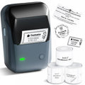 Portable label maker machine with blue casing and printed label tape rolls