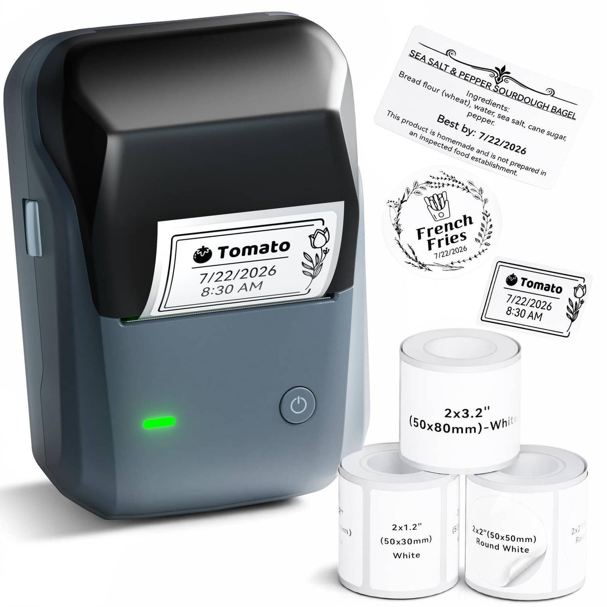 Portable label maker machine with blue casing and printed label tape rolls