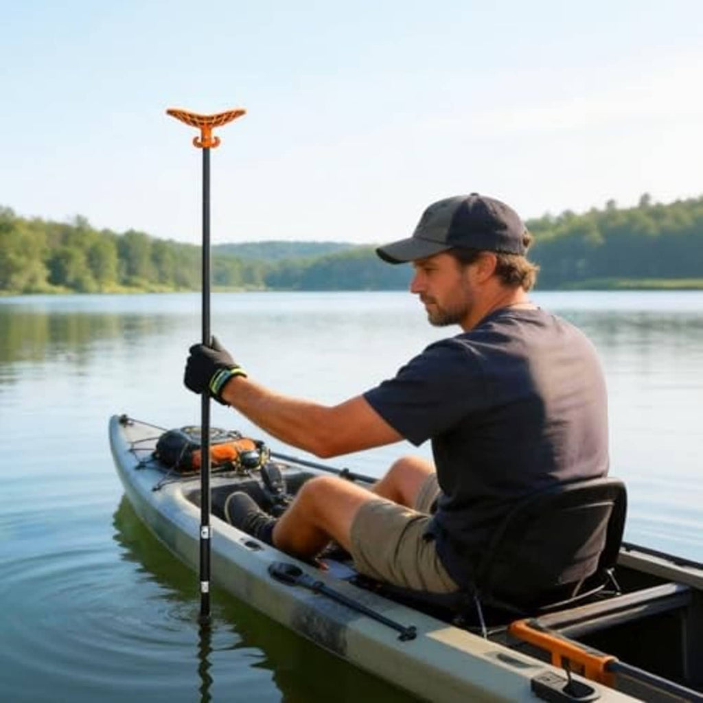 Shallow water anchor pole with T-handle in use on a small boat