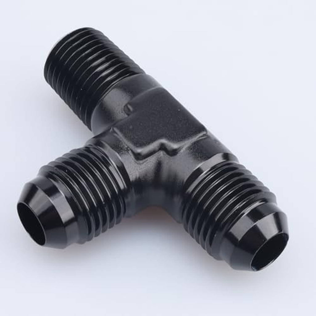 Black AN male flare tee close-up with ribbed threads and 1/2 NPT ports