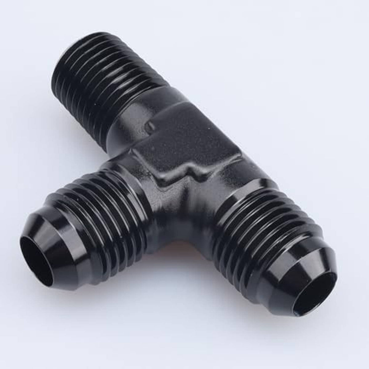Black AN male flare tee close-up with ribbed threads and 1/2 NPT ports