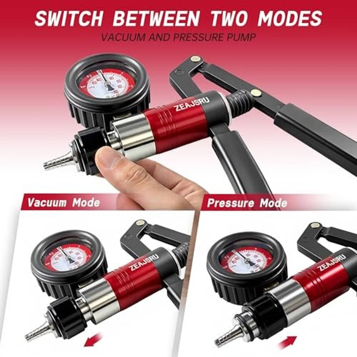 Red and black handheld vacuum/pressure pump with round gauge and quick-connect handle