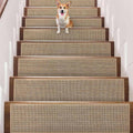 Non-slip peel-and-stick stair tread carpet set, beige woven rectangles on wooden stairs