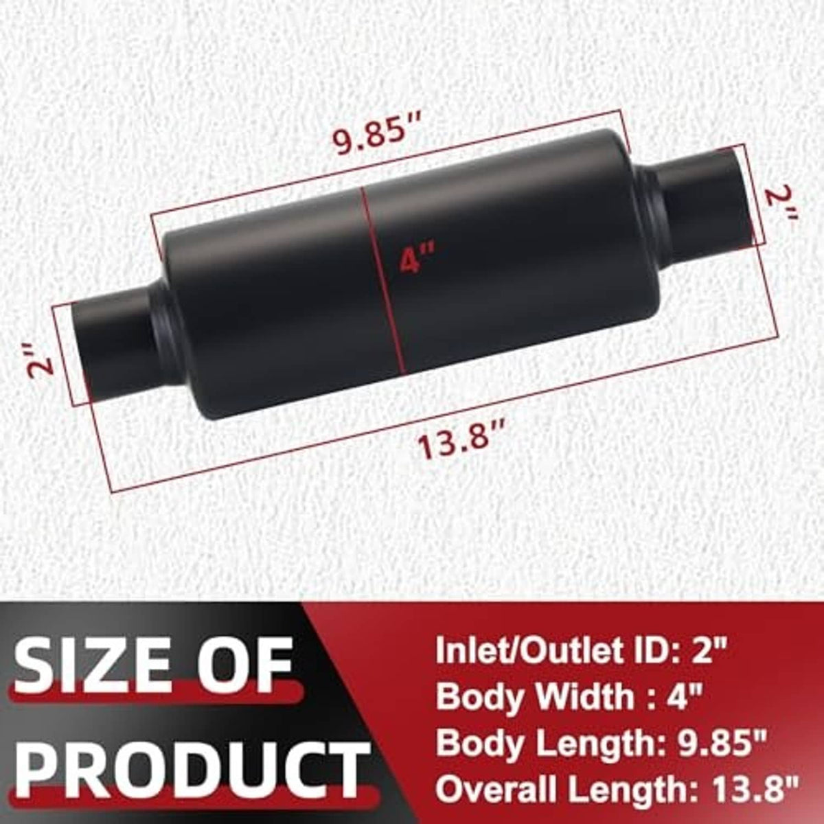 Black cylindrical resonator muffler with 2" inlet/outlet ends, long body