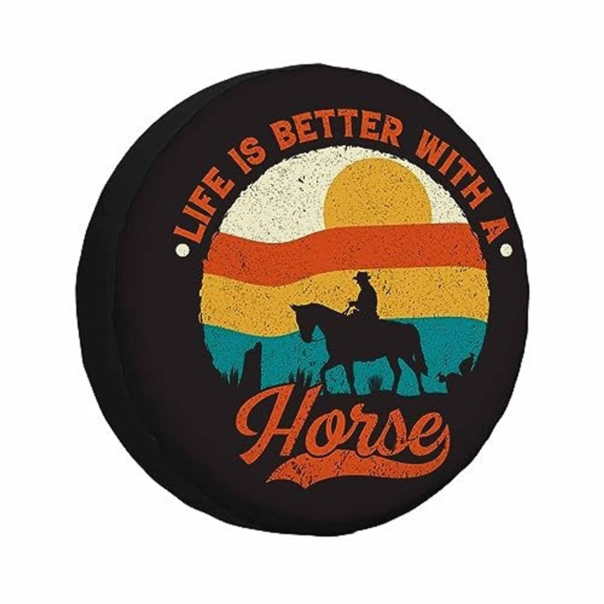 Round black spare tire cover featuring vintage-style horse silhouette and sunset colors