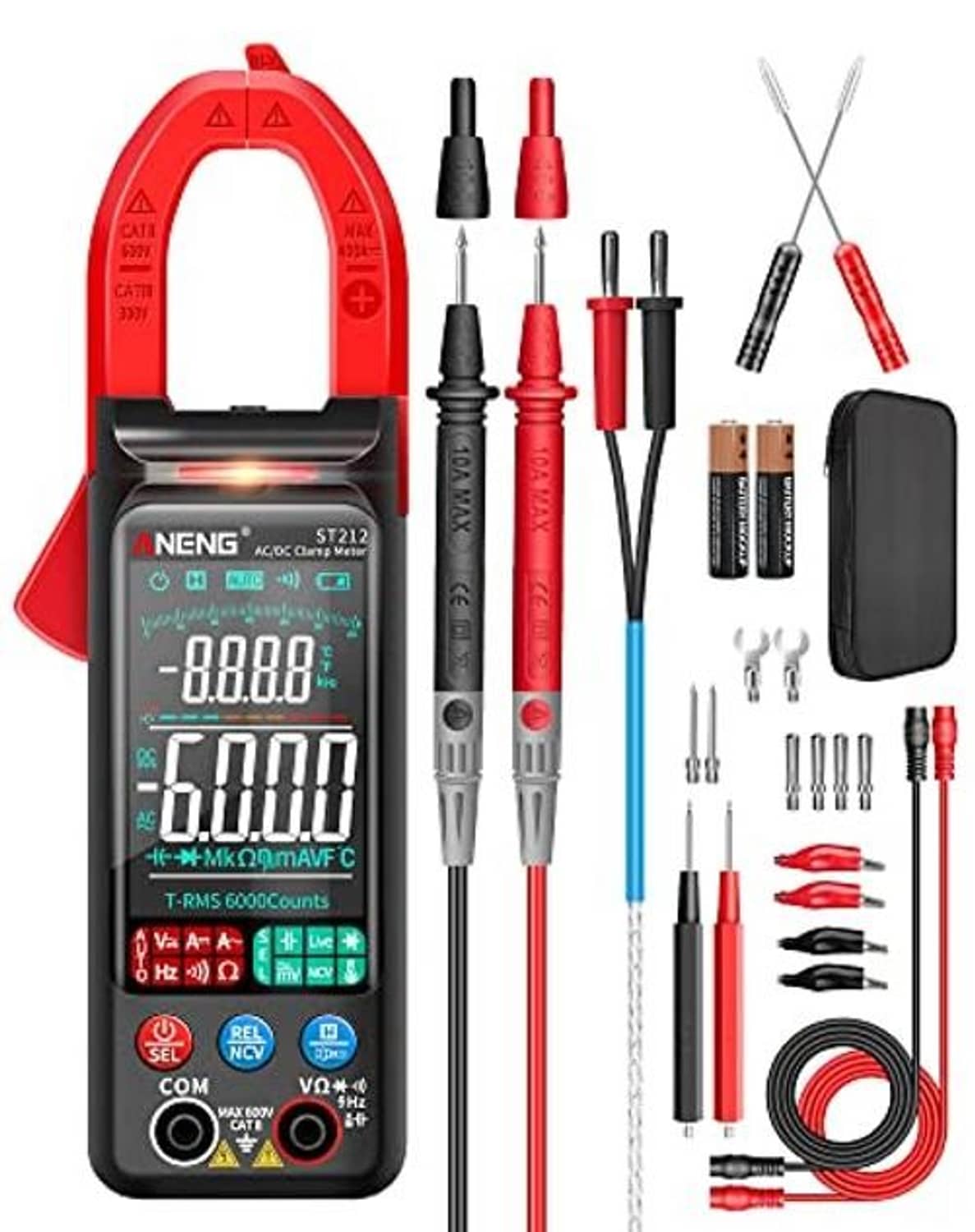 Red clamp multimeter with LCD screen, insulated test leads, and probe accessories