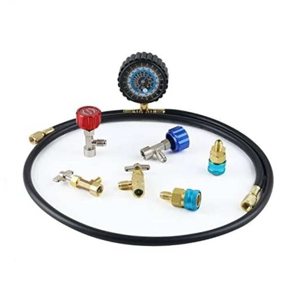 Refrigerant recharge gauge set with black hose and brass adapters, blue and red caps