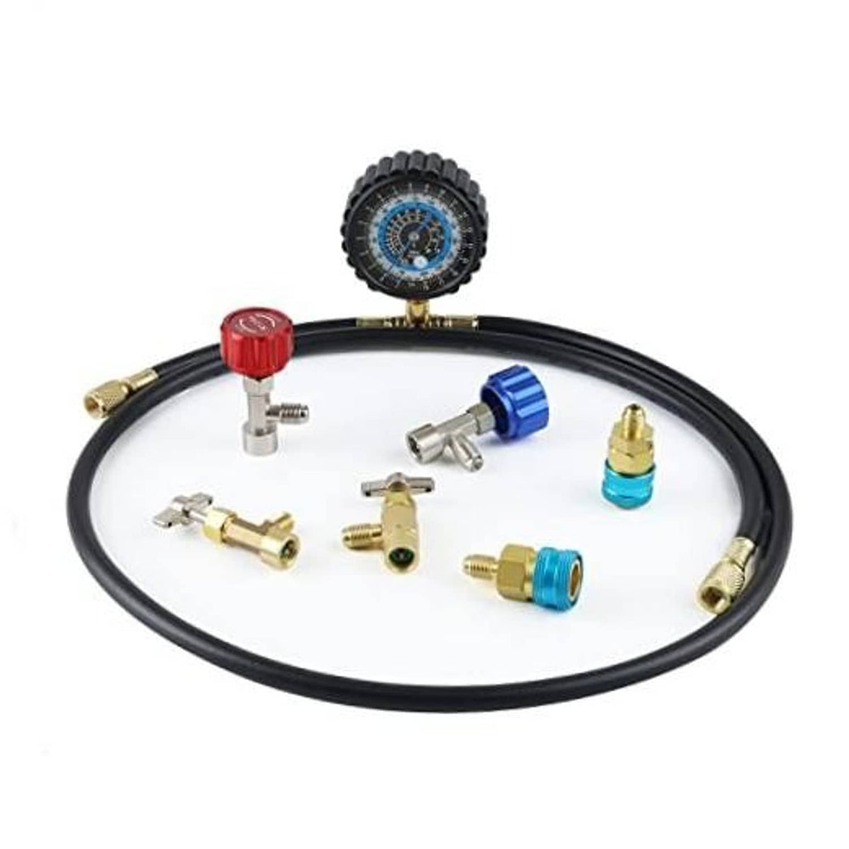 Refrigerant recharge gauge set with black hose and brass adapters, blue and red caps