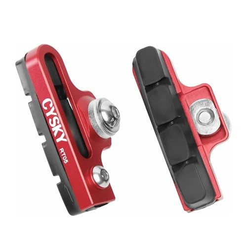 Red brake pad adapter set with two C-caliper pads, black rubber, and side mounting bolts