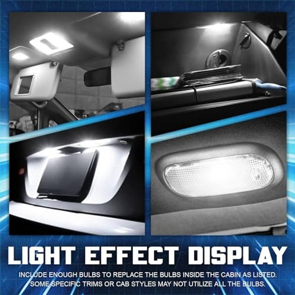 LED interior dome light bulbs showing bright light effect in car cabin
