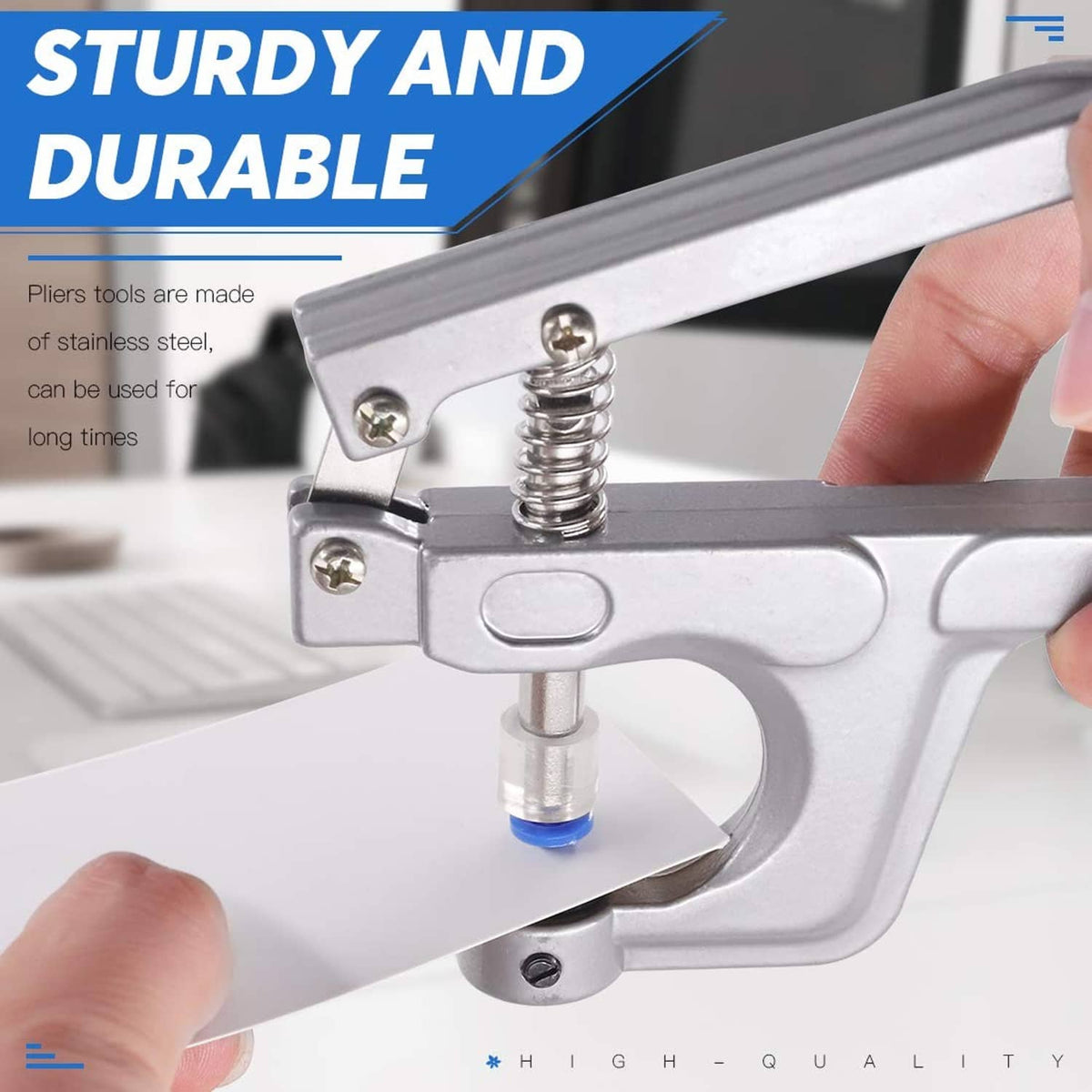 Stainless-steel snap button press pliers with spring-loaded handle and base