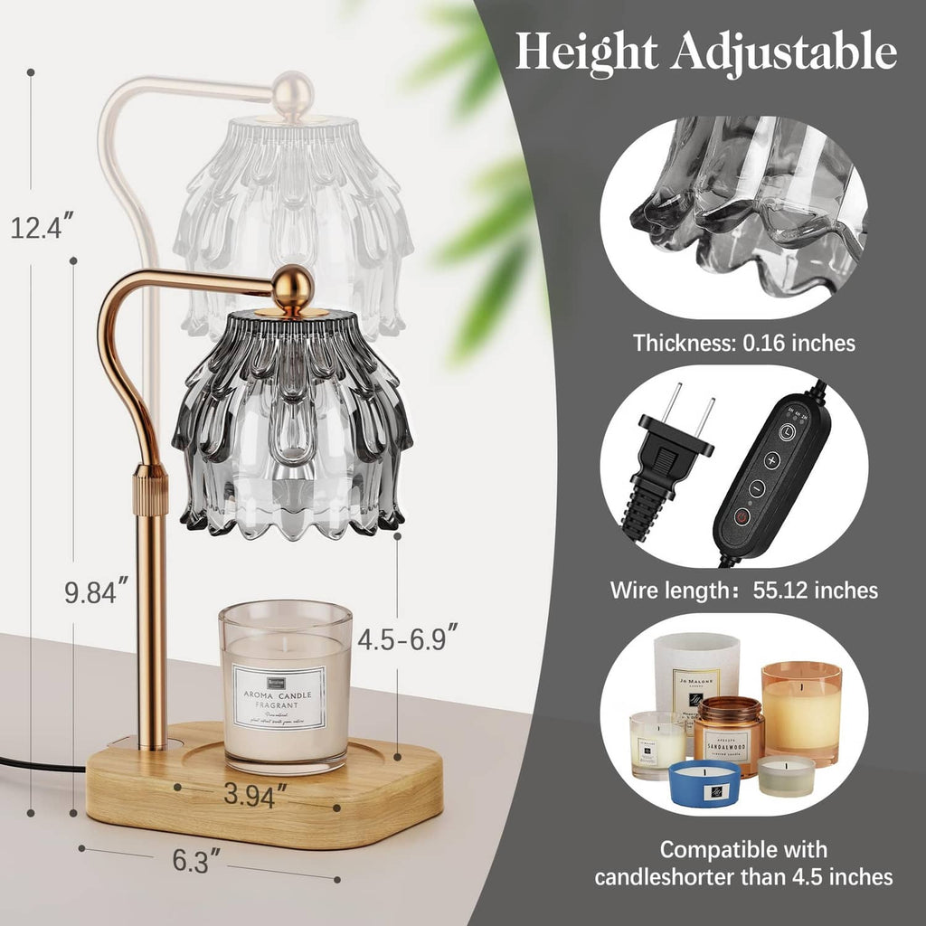 Height-adjustable candle warmer lamp with glass shade and included timer controller