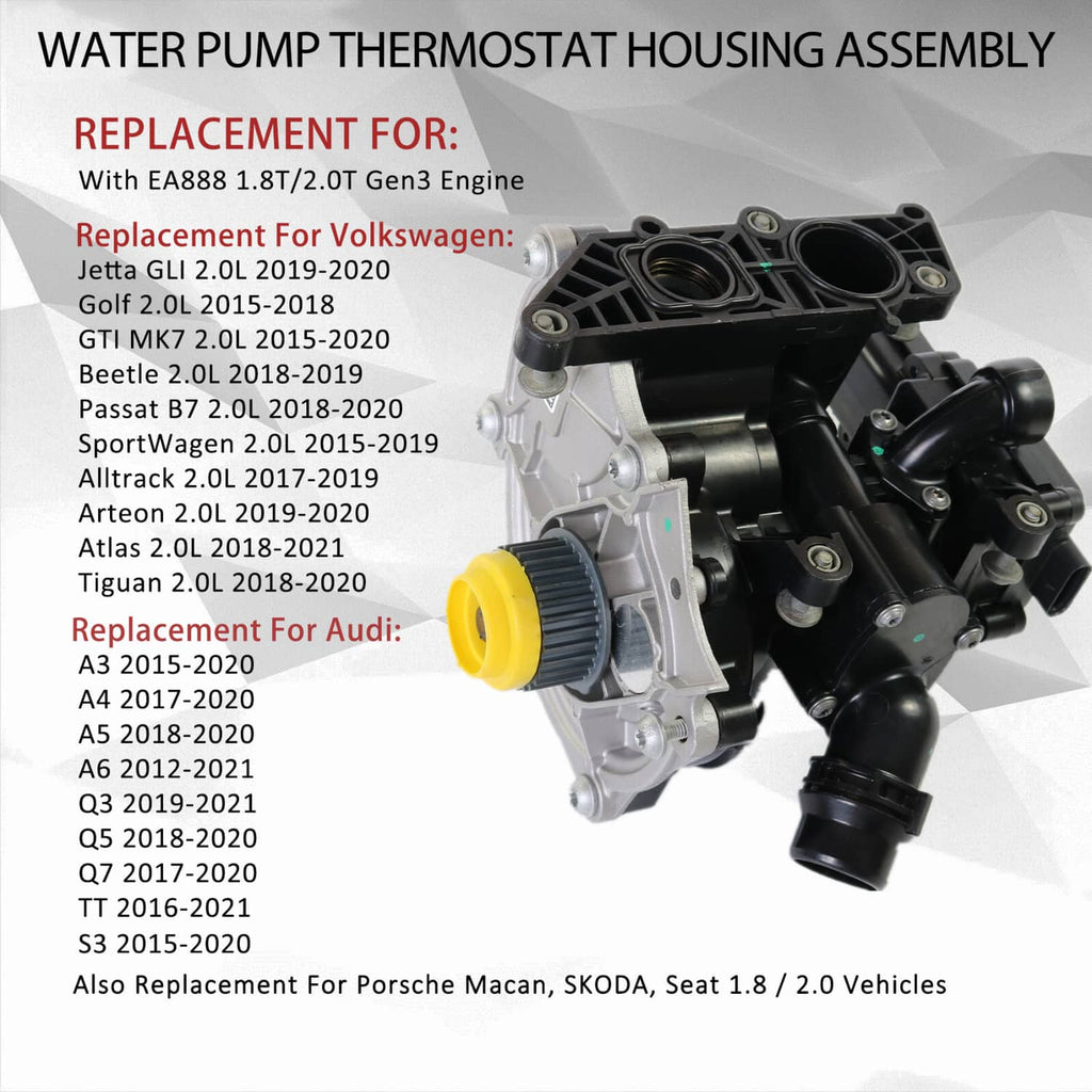 Water pump thermostat housing assembly with yellow cap, black coolant outlets, and brackets