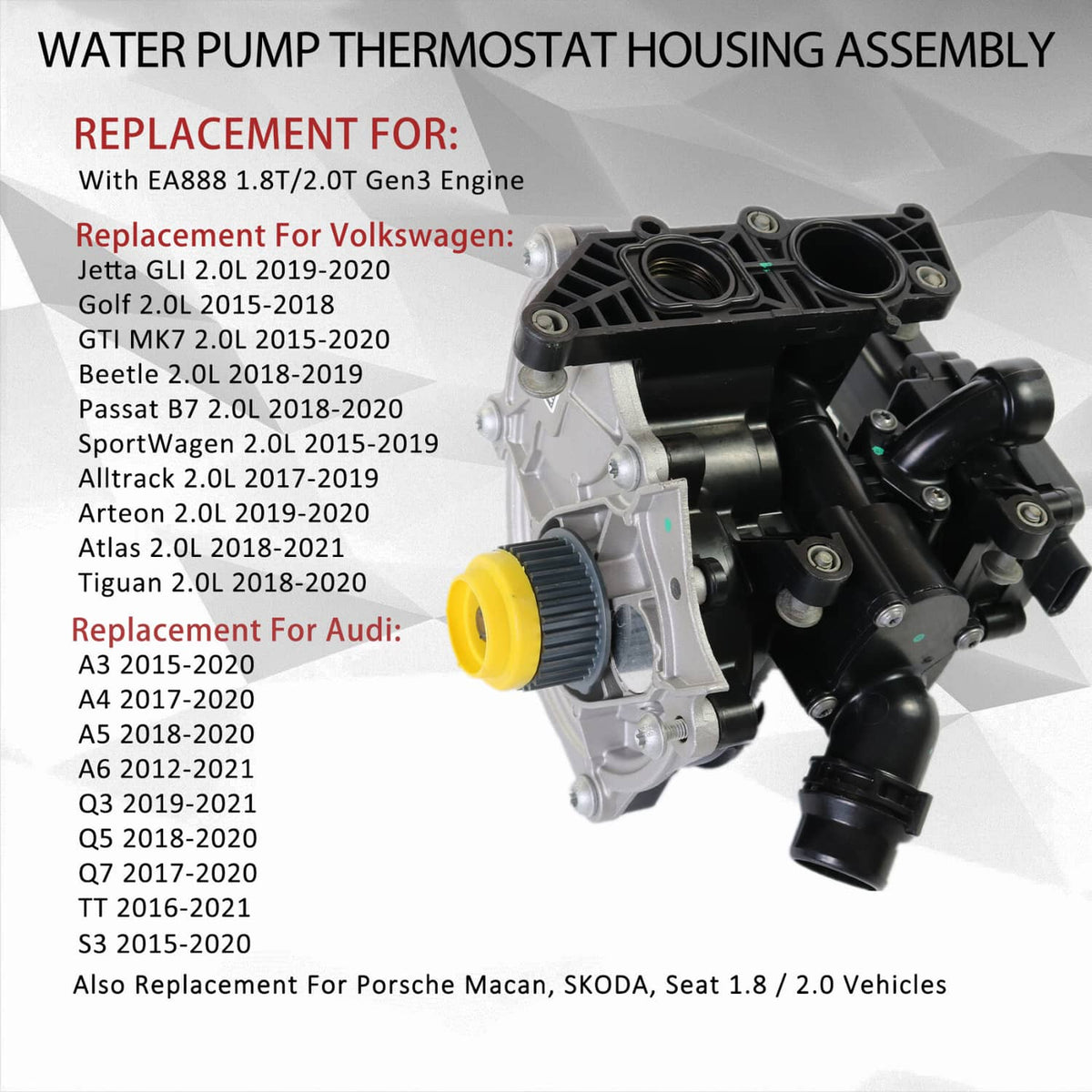 Water pump thermostat housing assembly with yellow cap, black coolant outlets, and brackets