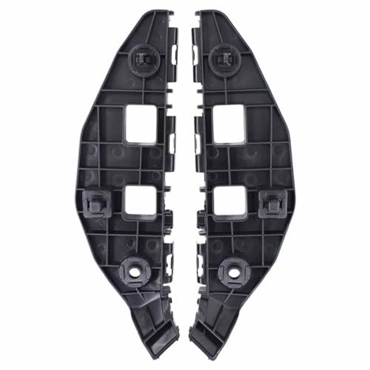 Pair of black front bumper bracket retainers with round ports and rectangular openings
