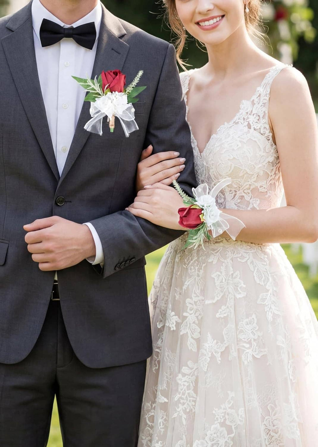Couple styling set: burgundy rose boutonniere and white corsage with pearls and green leaves