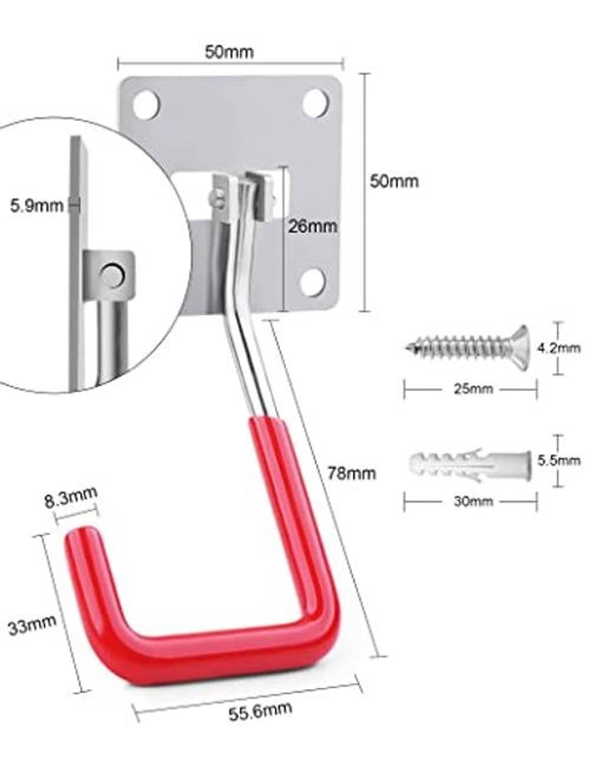 Red U-shaped garage hook with wall plate and dimension diagram; screws shown