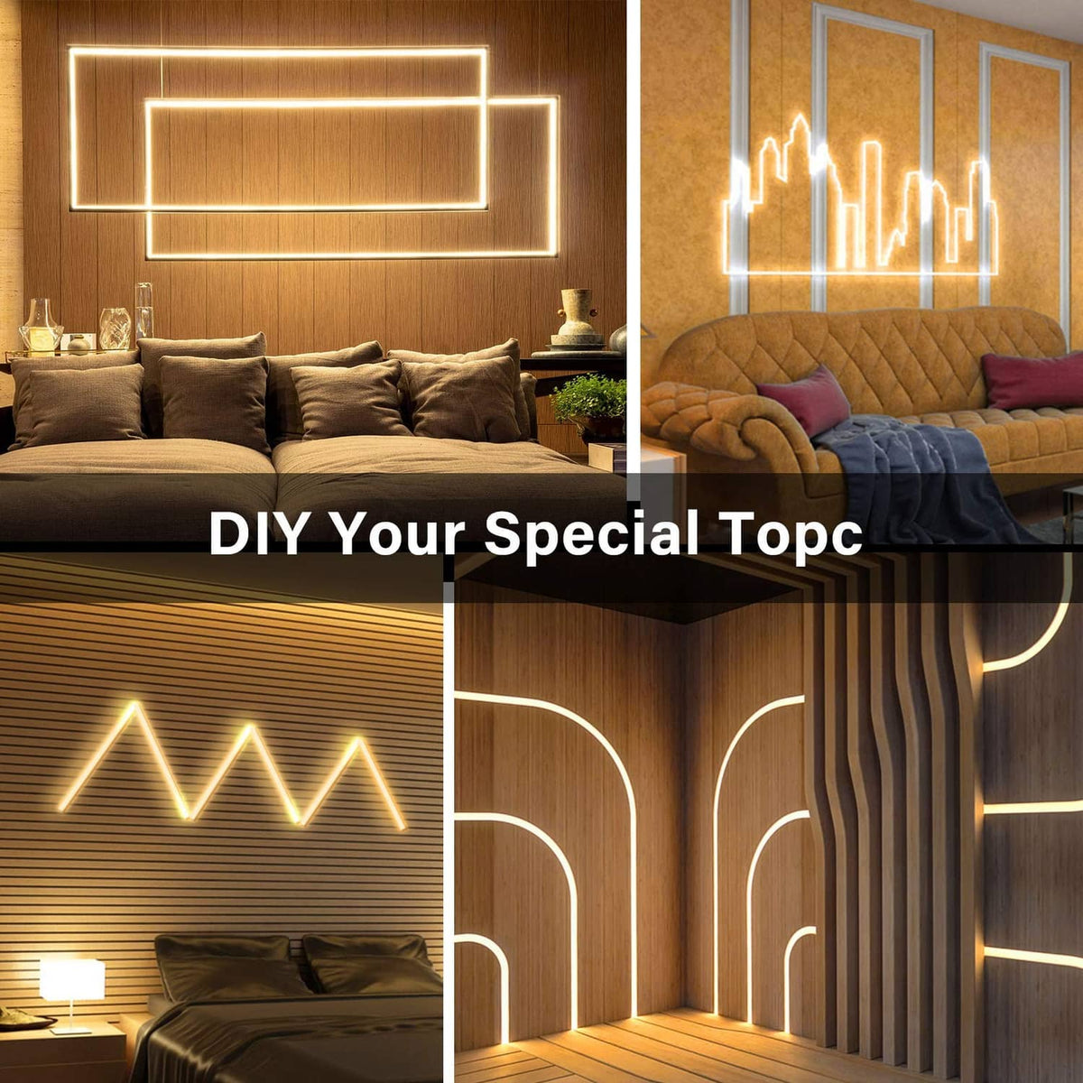 Warm white LED strip lights creating decorative wall and ceiling light lines